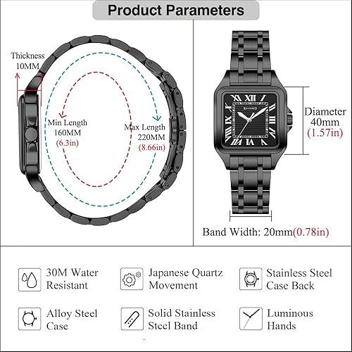 Miniatura 5 de Classic Square Watch for Men with Vintage Roman Numeral and Solid Stainless Steel Band
