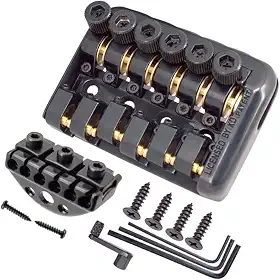 Ponte de guitarra preta fixa com 6 cordas sem cabeça, com dispositivo de corda envolvido