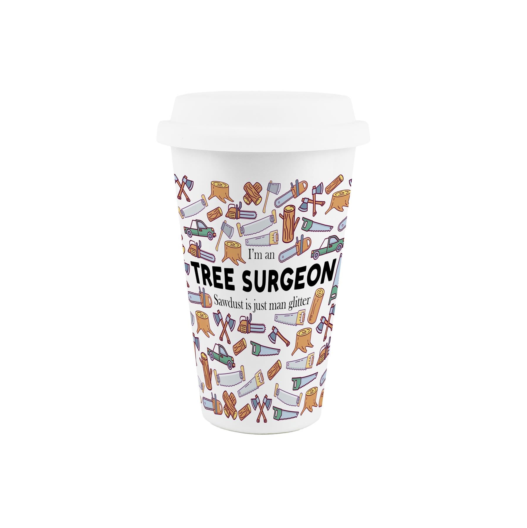 Purely Home Tree Surgeon Ceramic Travel Mug - Humorous Tradesman Novelty Gifts/Presents - Reusable Silicone Lid Double-Walled Insulated Hot/Cold Drinks Flask Cup
