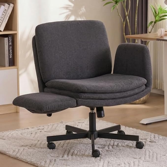 Criss Cross Chair with 5-Gear Adjustable Armrests & Wheels, Ergonomic Airbag Back Support Swivel Desk Chair for Home Office, Vanity, Bedroom and Living Room,Dark Grey