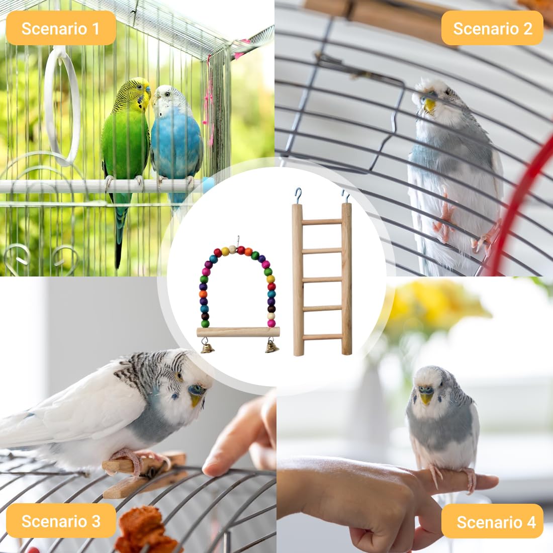 GXGM 2 Pezzi Set per Uccelli, Gabbia, Campana, Scala in Altalena, Trespolo per Pappagalli e Uccelli Multicolore Giocattolo Ponte Arcobaleno per Pappagalli giocattolo per Pappagalli Ponte Arcobaleno