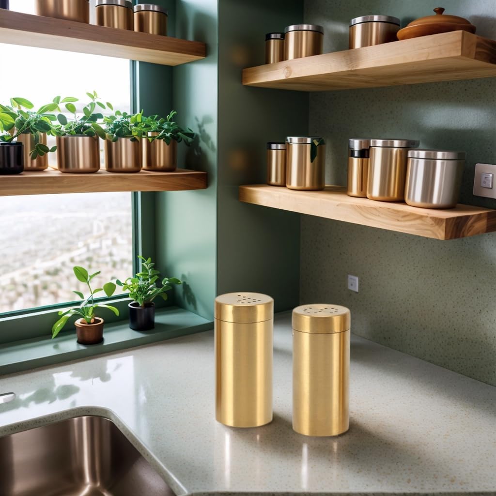 2Pcs Gold Spice Jars, Stainless Steel Spice Containers Seasoning Shaker Bottle with Shaker Lids, Sugar Salt Spice Pepper Seasoning Bottle Dispenser Spice Jars