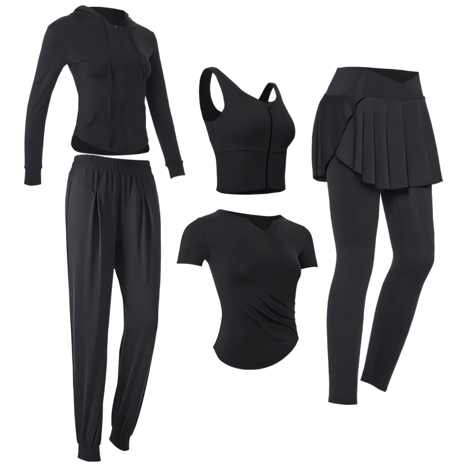 Set di abbigliamento sportivo da donna, set da 5 pezzi, a maniche lunghe, traspirante, traspirante, con giacca, top, pantaloni, gonna, colore nero, disponibile in XXL