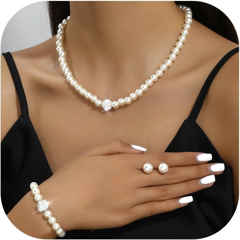 Dcfywl731 Pearl Necklace and Earring Set Faux Pearl Prom Jewelry Sets for Women Imitation Beaded Pearl Necklace Bracelet Stud Earrings for Women