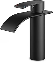 FORIOUS Waterfall Bathroom Taps, Stainless Steel Basin Tap with Spout Height of 110 mm, Black Cold and Hot Water Mixer for Bathroom, Water and Energy Saving.