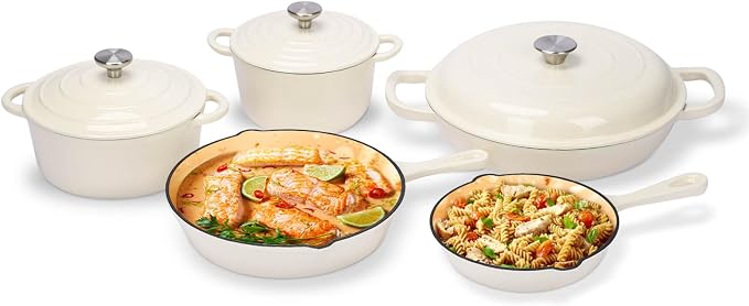 Hisencn Enameled Cast Iron Cookware Set, 8 Piece of Casserole, Dutch Ovens, Skillet and 3 Lids, Ceramic Coated Cast Iron Dutch Oven Set, Gas/Induction Compatible, PFA Free, with Pan Rack