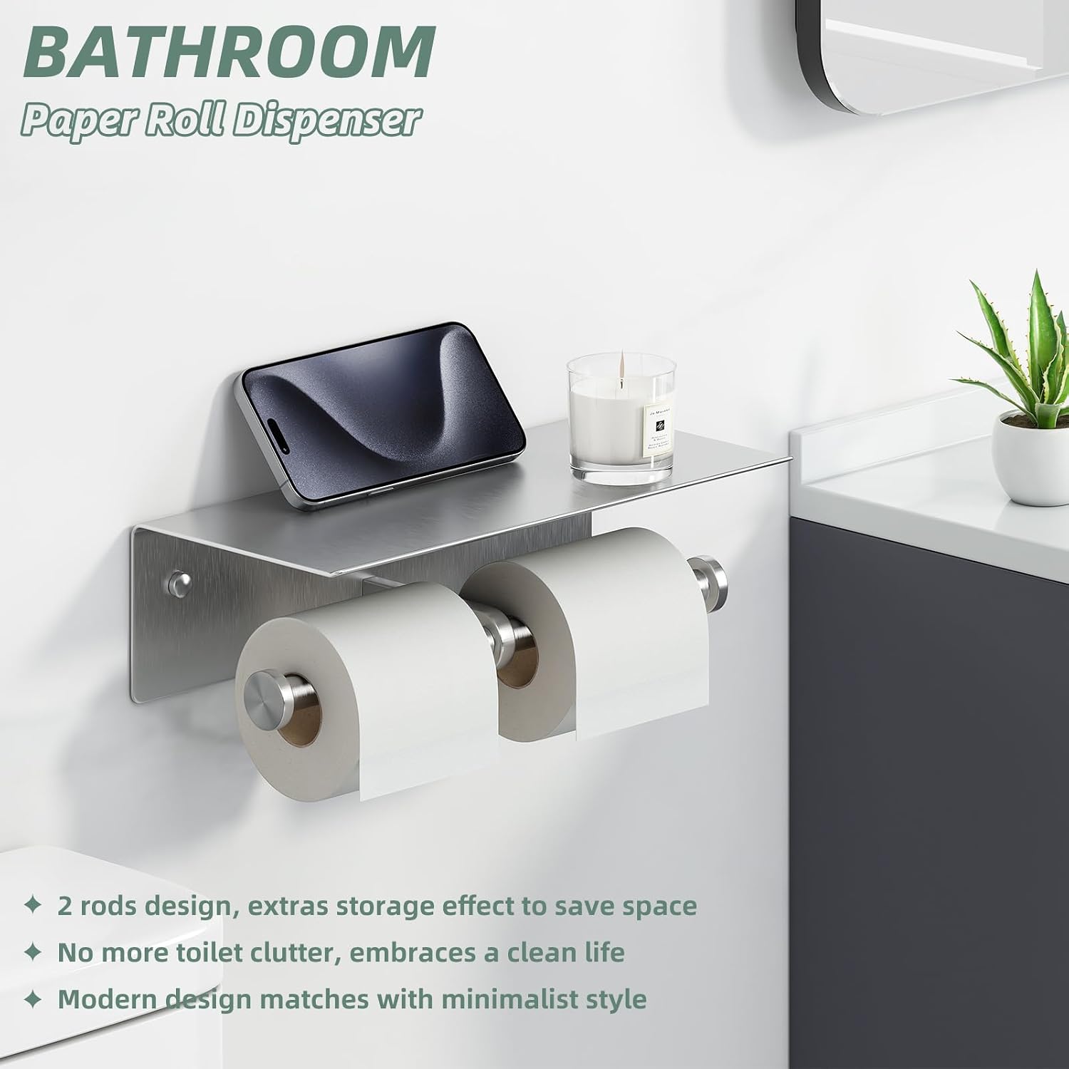 Double Toilet Paper Holder with Shelf Brushed Nickel, APLusee SUS 304 Stainless Steel Contemporary Tissue Roll Holder Mobile Phone Storage Rack