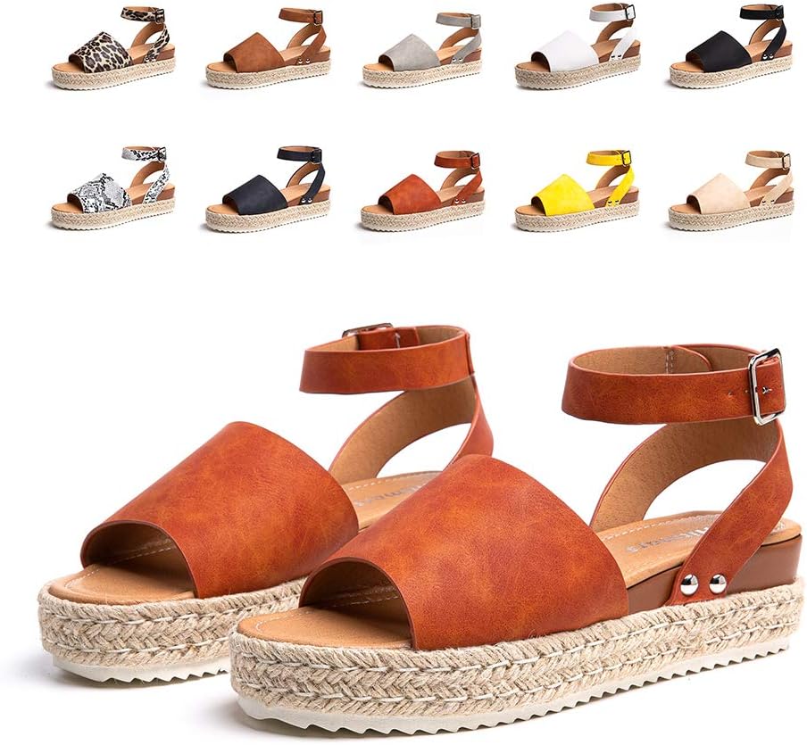 Womens Platform Sandals Ladies Summer Wedge Espadrilles Sandal Buckle Ankle Strap Peep Toe Flatform Shoes Comfy Black Brown White Leopard Yellow Blue Size 3-9 UK
