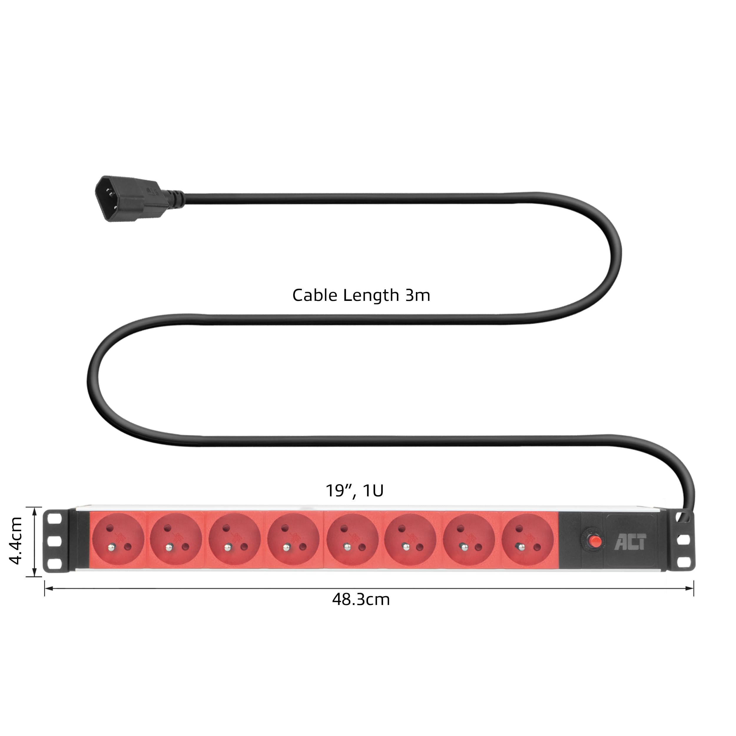 ACT PDU Steckdosenleiste 19", 8X Typ E mit Erdung, 3m Kabel C14 - PD3155