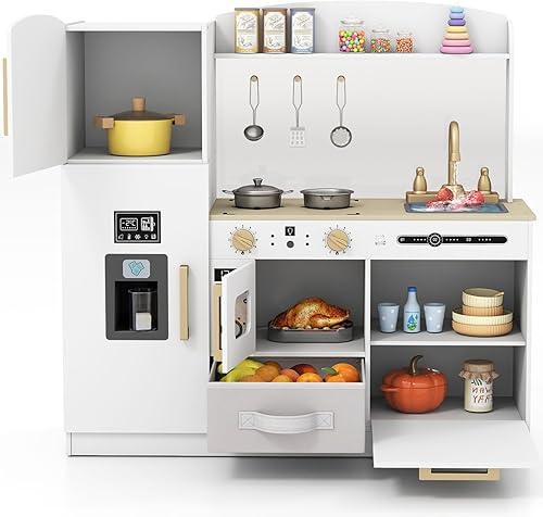 Costzon Juego de cocina para niños, cocina de madera con luces y sonidos, microondas, máquina de hielo, lavavajillas, fregadero, pizarra, juego de