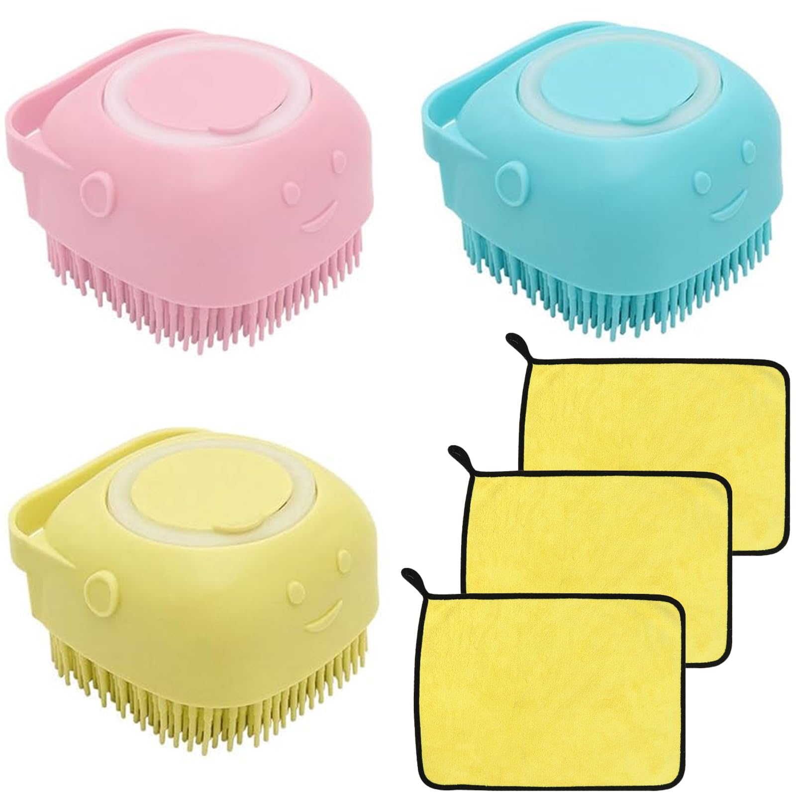 3 Piezas Cepillo de Baño para Perros y Gatos, Peine de Goma de Silicona con 3 Toallas, Cepillo de Masaje de Silicona para Cachorros, Dispensador de Champú Suave para el Lavado de Mascotas