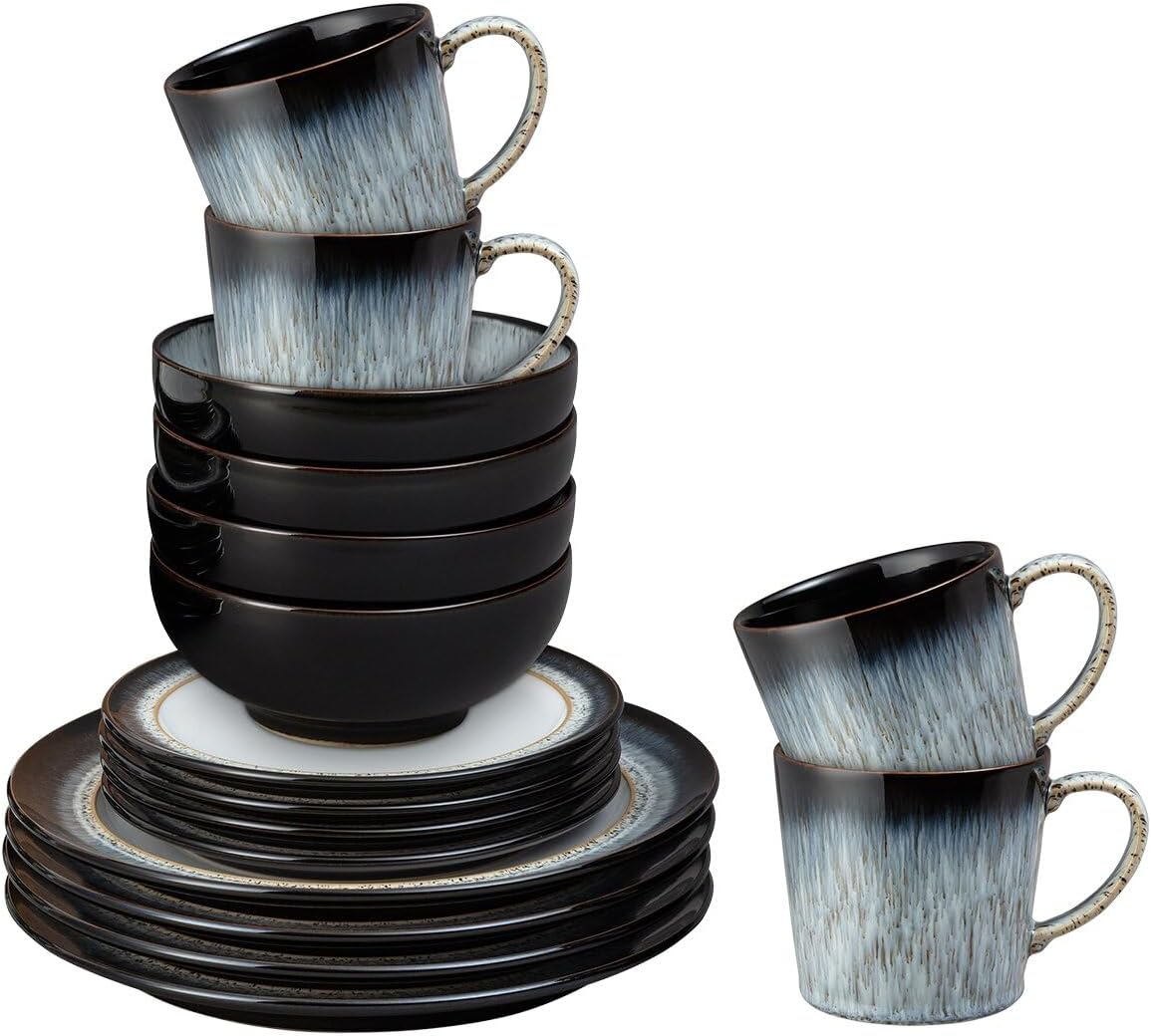 Denby - Halo Dinner Set for 4-16 Piece Dishwasher Safe Stoneware Tableware - Black Reactive Glaze - Microwave Safe Crockery - Set of 4 Dinner Plates, Small Plates, Cereal Bowls, Coffee Mugs