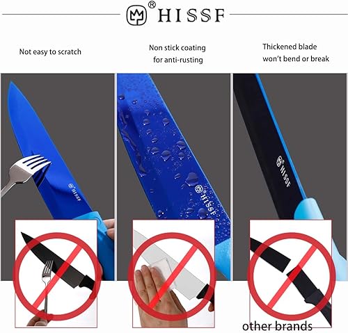 Miniatura 6 de HISSF Juego de cuchillos de cocina, 7 piezas de acero inoxidable de alto carbono con soporte acrílico, chapado en azul titanio para prueba de óxido