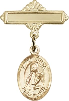 Gold Filled Baby Badge with St. Lucia of Syracuse Charm and Polished Badge Pin 1 X 5/8 inches