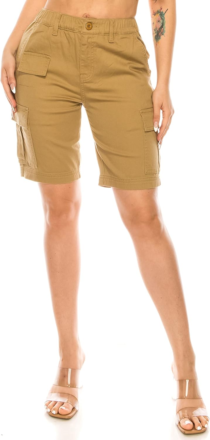 Double Denim January 5th Women's High Waist Elastic Waistband Cargo Shorts Casual Bermuda with Multi Pockets