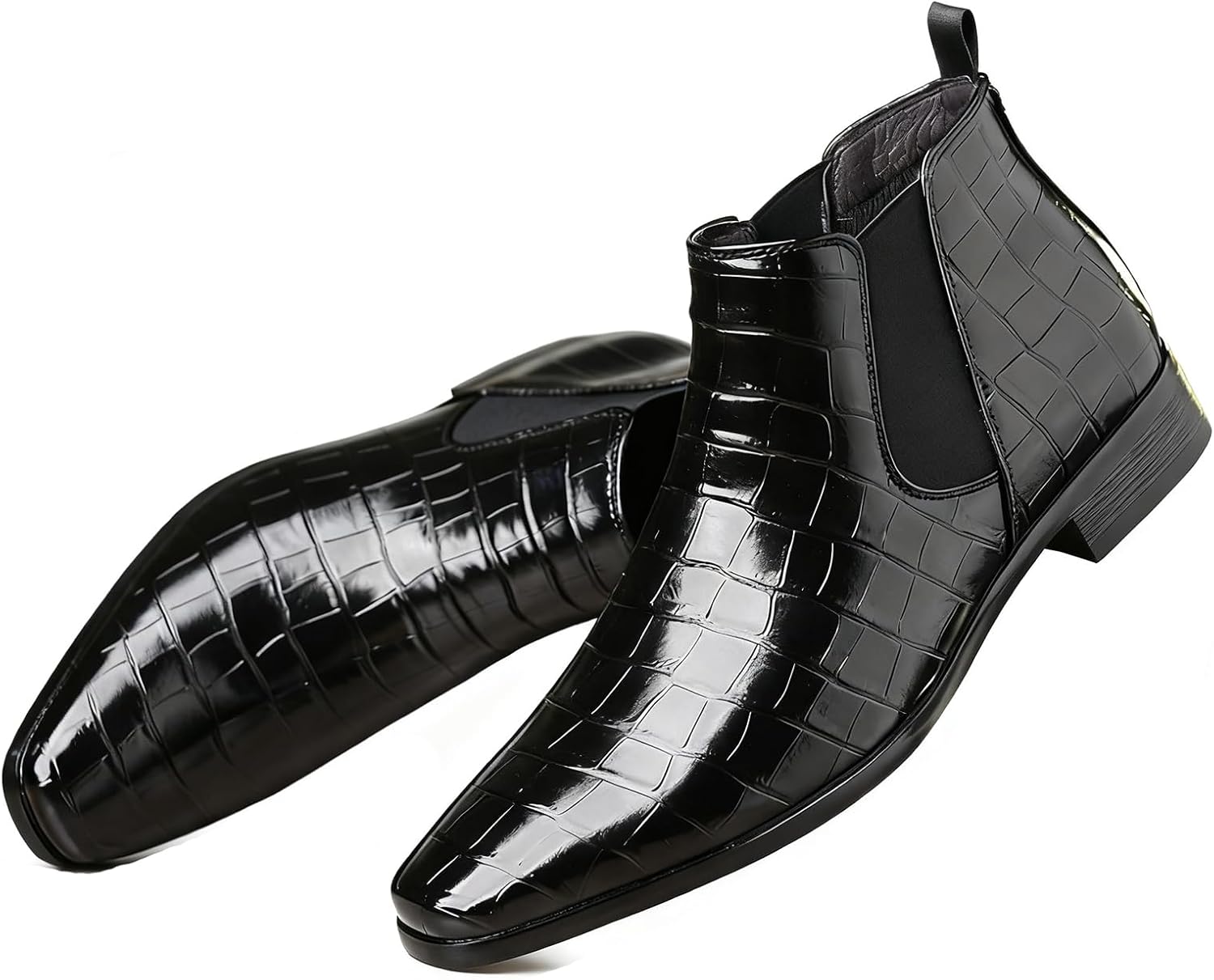 Fashion Chelsea Boots for Men's Leather Print Pointed Toe Slip-On Low Chunky Heel Retro Dress Business Chukka Ankle Oxford Boots for Formal Wedding Party Causal Work