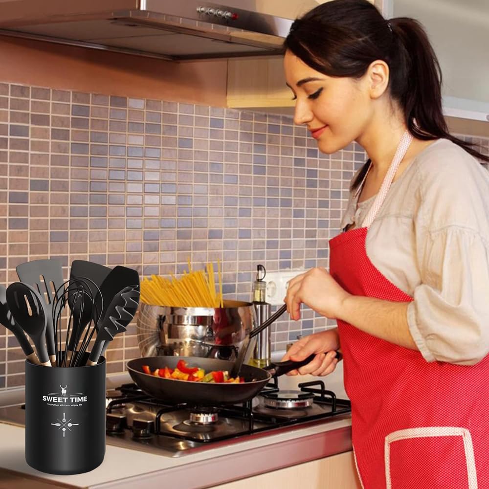 LOHONER Portautensili in legno di acacia per bancone da cucina, girevole a 360°, 18,3 cm, grande, organizer per utensili da cucina, per controsoffitti, decorazione per cucina