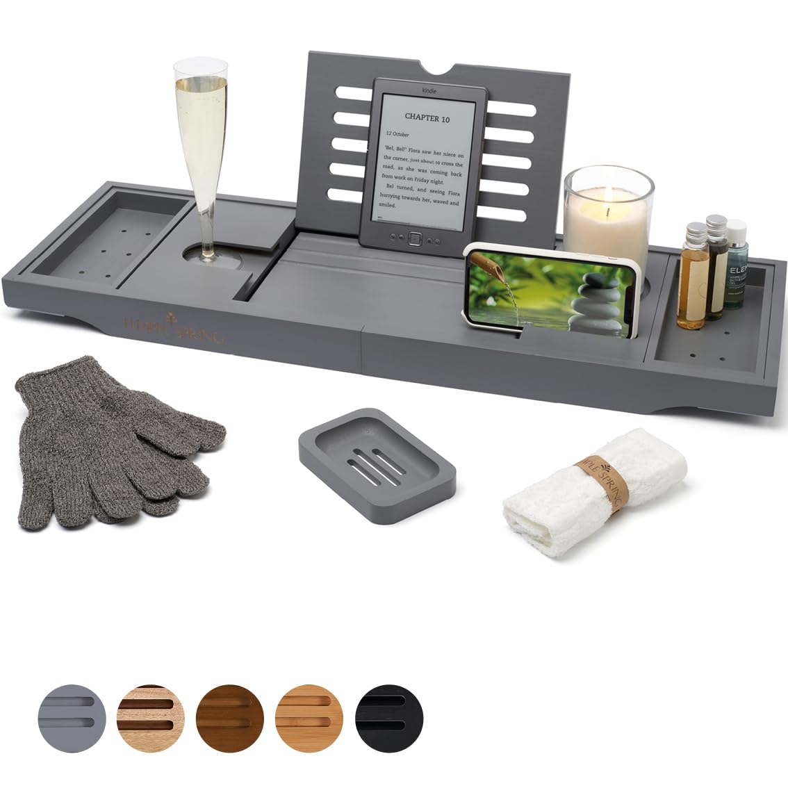 Temple Spring Badewannenablage, Badewannenablage Holz für badewannen zubehör, Badewannenbrett, Badewannentablett zur badewanne zubehör, bambus tablett, badezimmermöbel für badaccessories -Schiefergrau