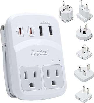 Ceptics World Travel Adapter Kit 2 USB-A, USB-C US Outlets, 20W/QC 18W Power Delivery, Surge Protection, SWADAPT Compatible for Europe, UK, China, Australia, Japan Perfect Laptop WPS-5B