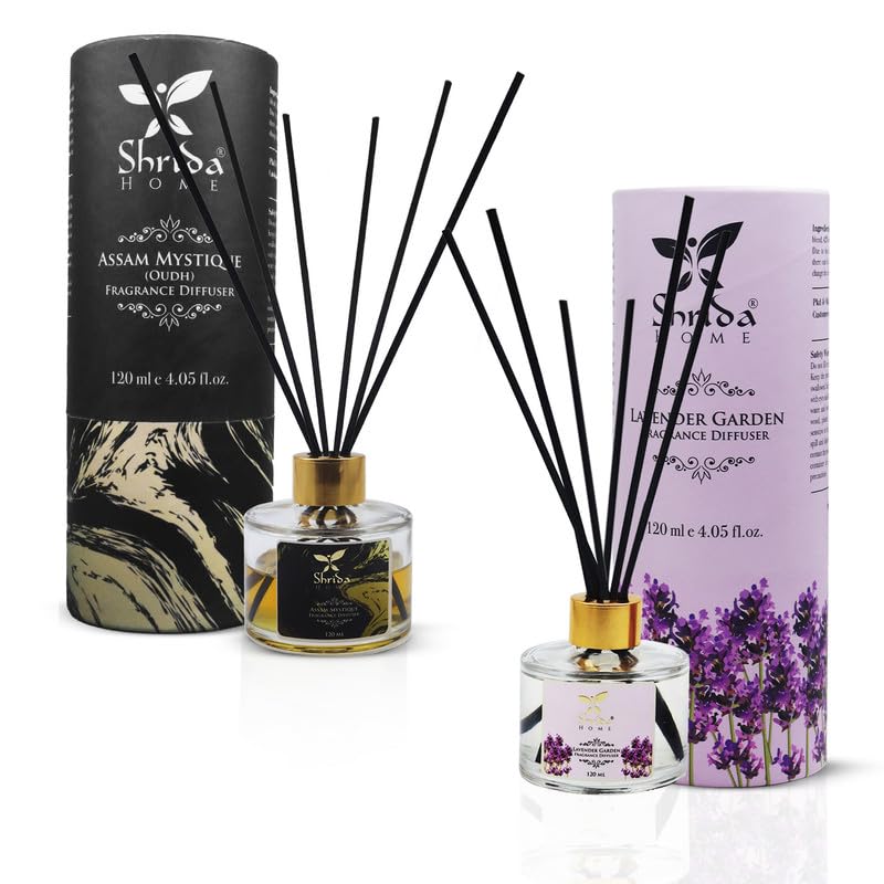 ShridaAssam Oudh & Lavender Reed Diffuser Combo - 120 ML, Refreshing Aroma for Office, Home, and Stress Relief | Toxin-Free Room Freshener | Includes 12 Reed Sticks | Long-Lasting Scent up to 45 Days