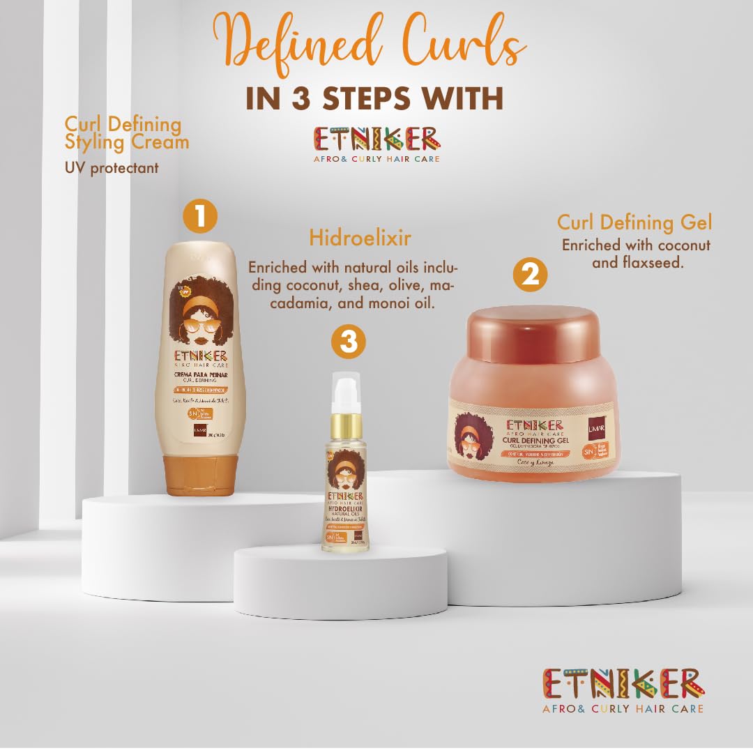 ETNIKER Afro-textured, Curly & Wavy Hair Define Kit | Gel, Hydroelixir & Styling Cream | Control, Nourish, Define | Coconut, Shea Butter, Monoi Oil, Flaxseed | NO Alcohol, Parabens & Sulfate.(3piece)