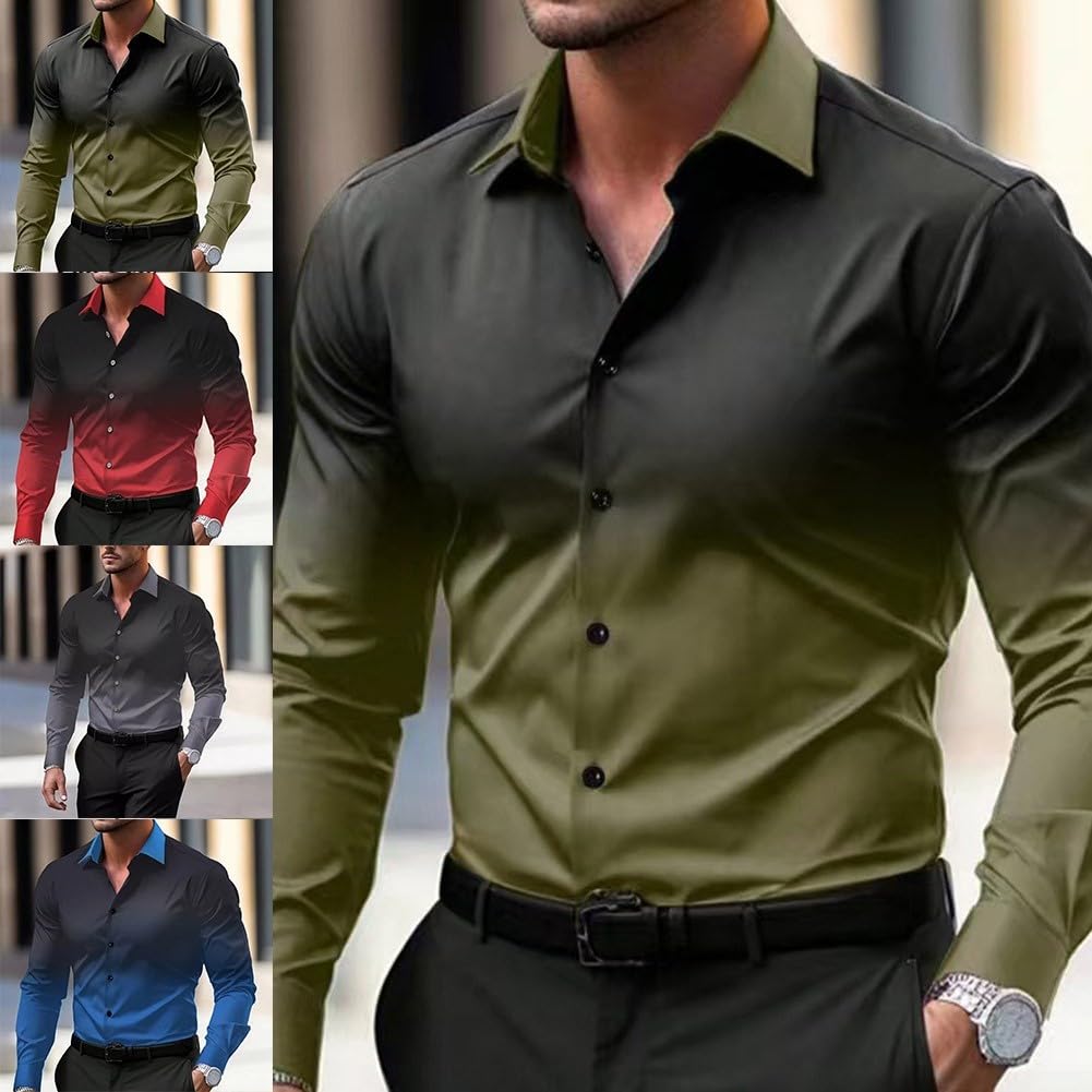 Camicia da uomo casual da lavoro con maniche lunghe e stampa 3D stile sfumato (3XL rosso)
