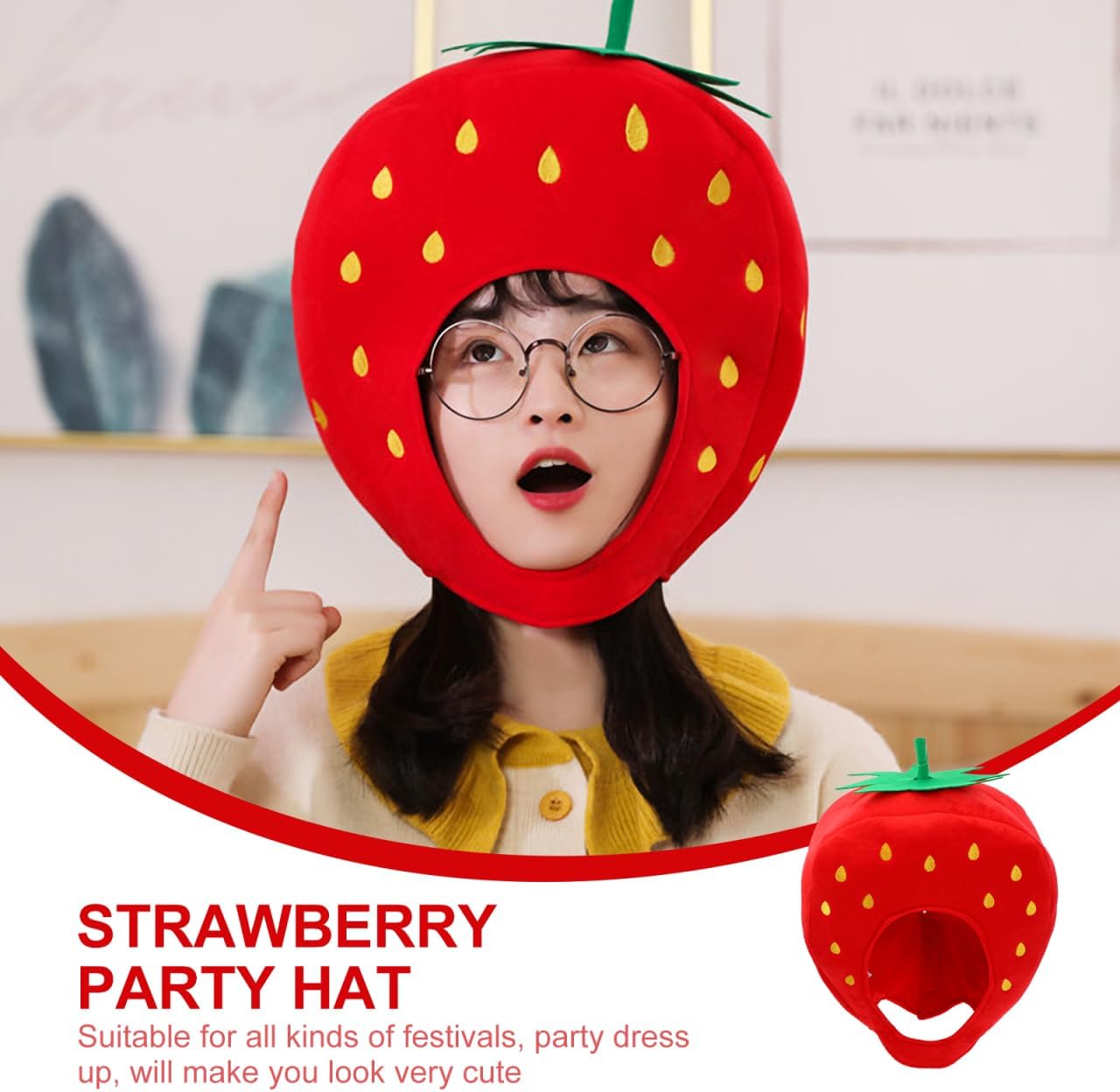 VICASKY 1pc Plush Strawberry Hat - Soft Sponge Stuffed Cartoon Fruit Headwear for Cosplay Photo Props - Party Costume Accessory for Kids Adults Men Women - Red One Size