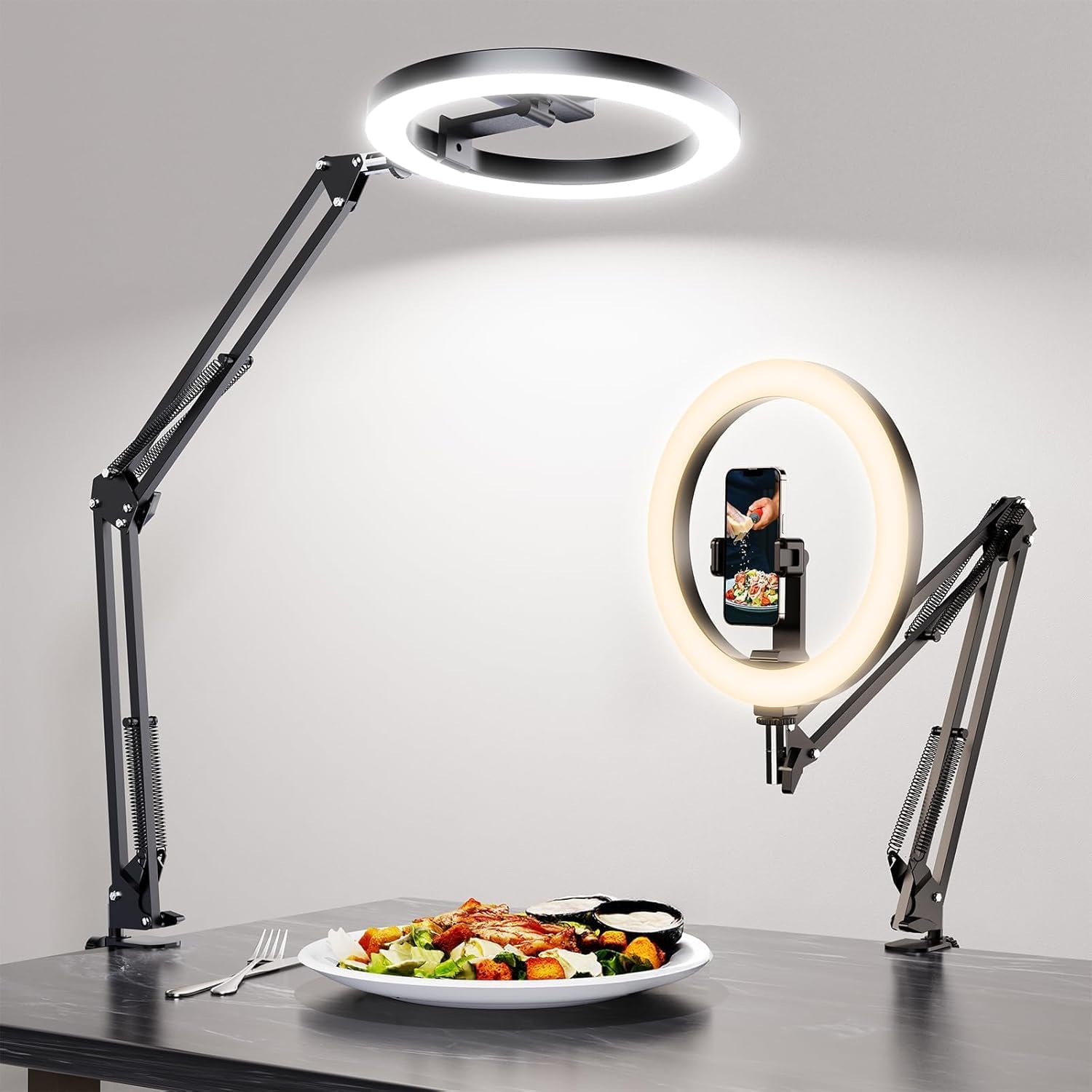 Luxsure Overhead Phone Mount with 10" Ring Light – Desk Clamp & One‑Hand Adjustable Mechanical Arm, 3 Colors × 10 Dimming Levels, Bluetooth Remote for TikTok/YouTube/Live Stream/Cooking