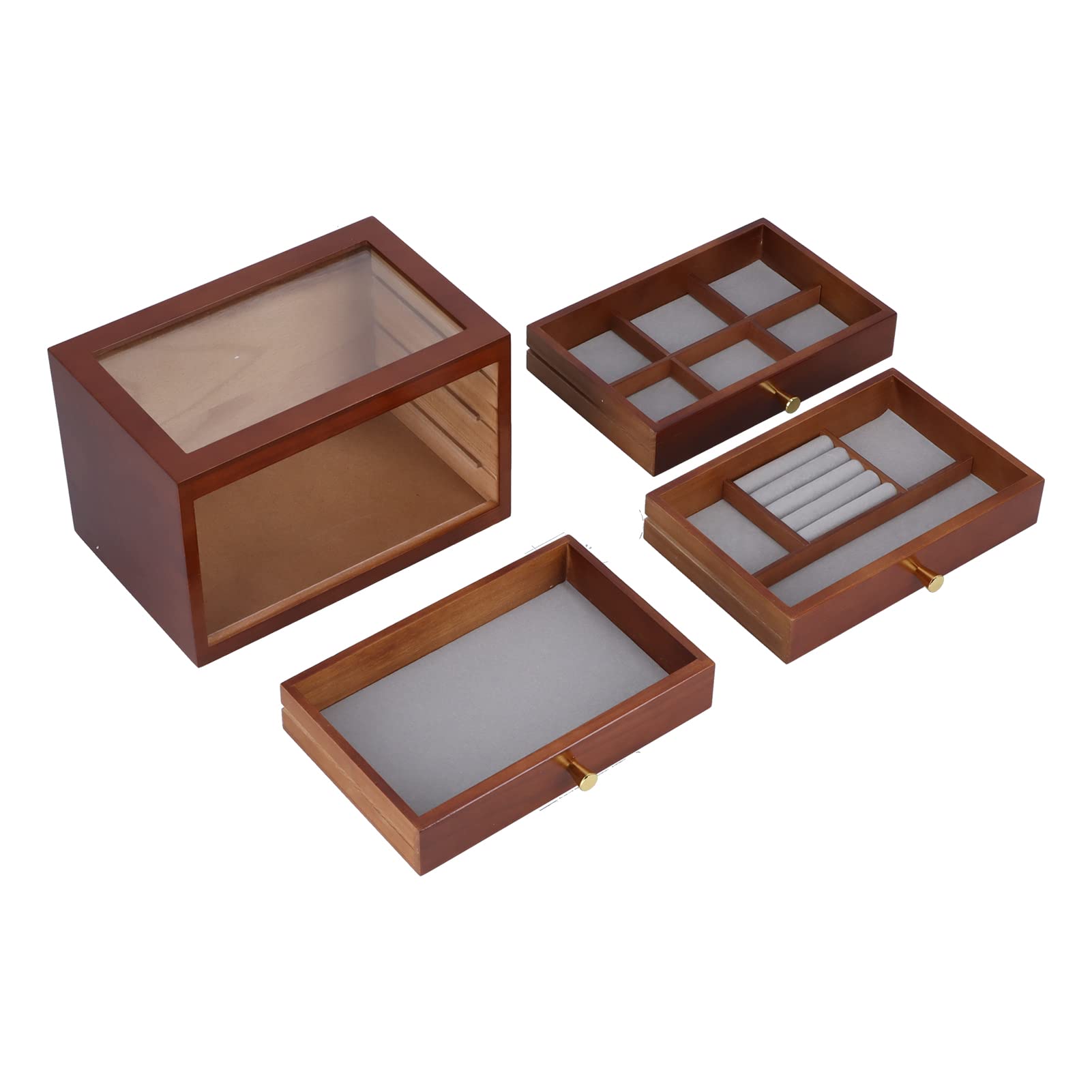 Pudełko na biżuterię Drewniane Pudełko na biżuterię ze szklaną pokrywką 3-warstwowy Organizer 30 X 20 X 19 Cm 3 Szuflady Pierścionki Bransoletki Naszyjniki Komodzie Vanity Store Display