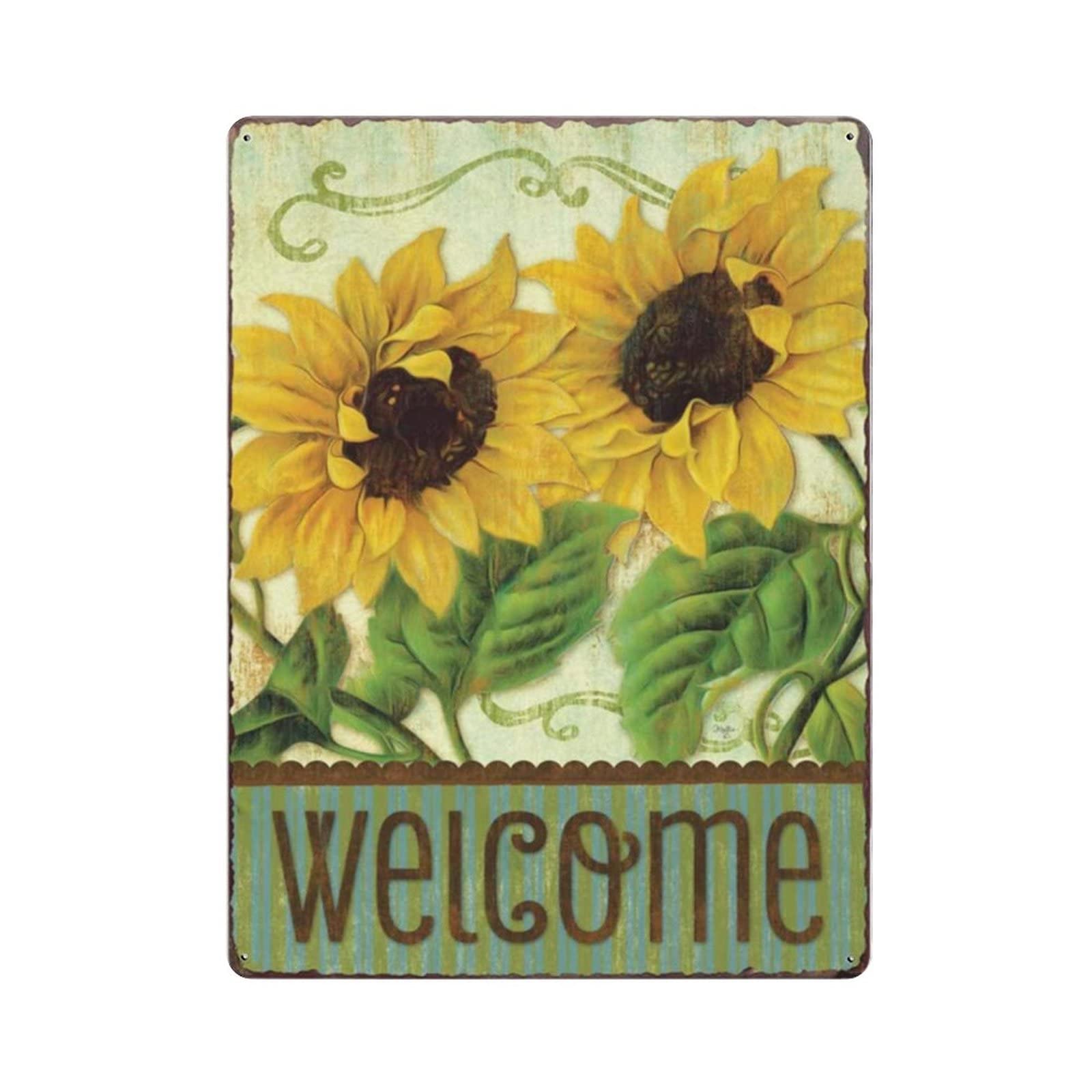 AOOEDM Welcome Sunflowers Vintage Metal Tin Sign for Home Coffee Shop Office Wall Art Metal Poster Garage Decor Man Cave Sign Inspirational Quote Wall Decor