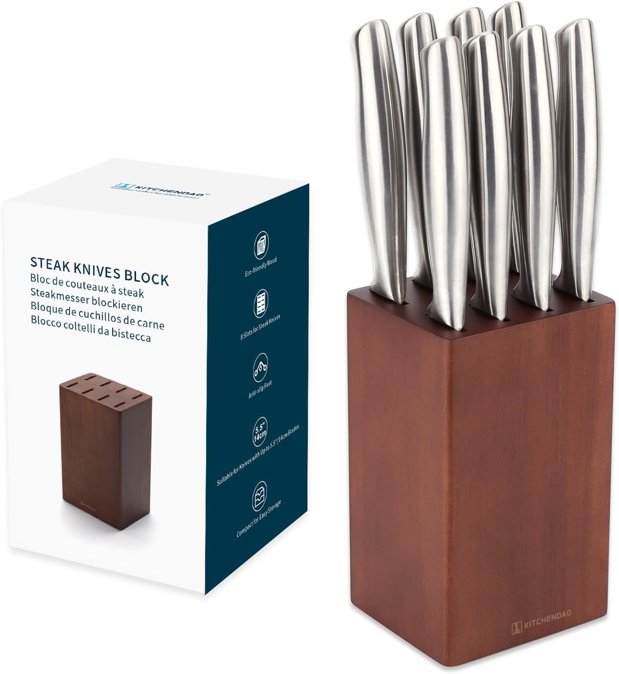 5.5“ Steak Knife Block Holder without Knives with 8 Slots - Wooden Steak Knife Storage Block only - Space Saver-Compact Design Steak Knives Organizer -by KITCHENDAO