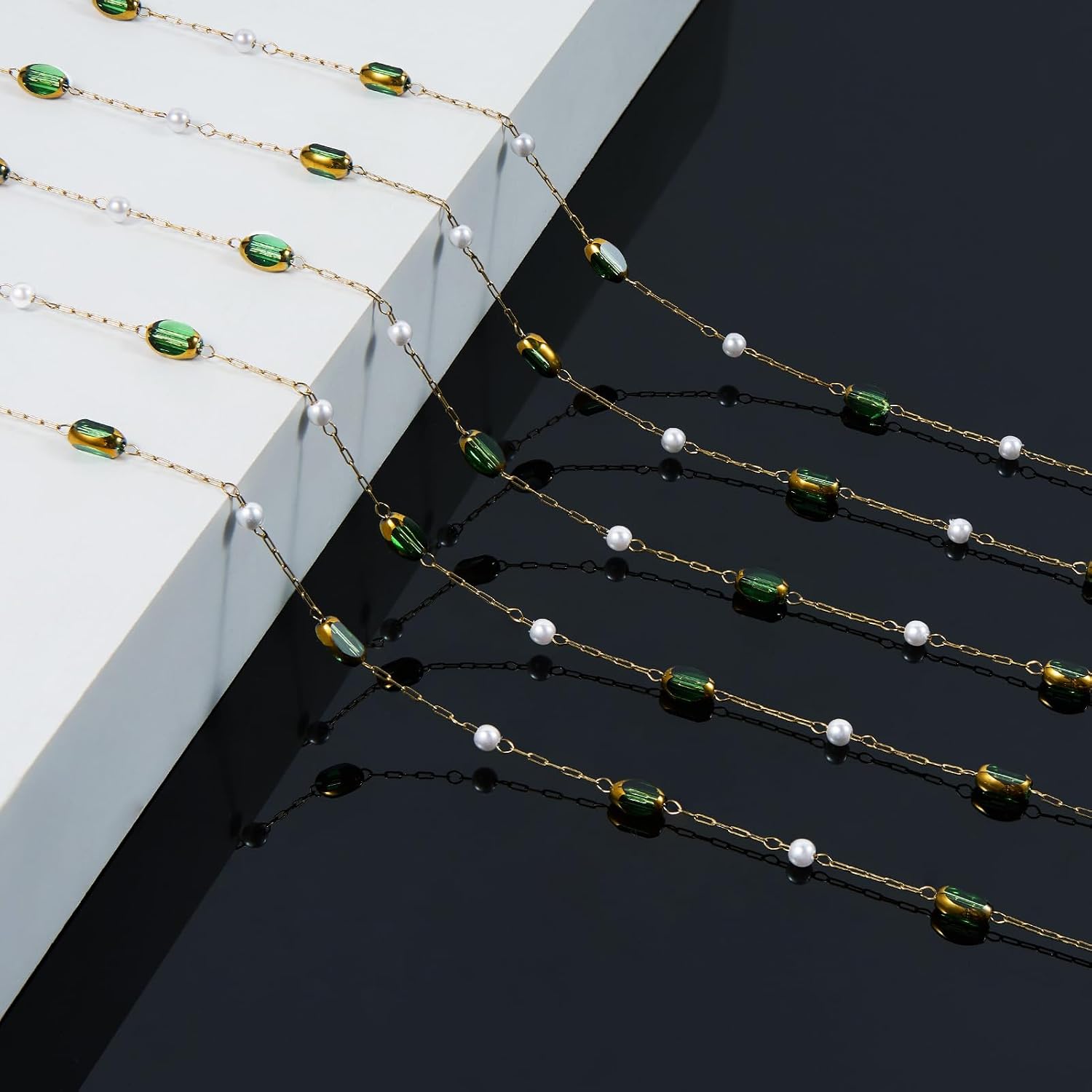 KYUNHOO 16.4 Feet Stainless Steel Chain for Jewelry Making Pearl Bead Links Green Rhinestones Decorative Jewelry Supplies Gold Plated Chains Bulk for Crafting