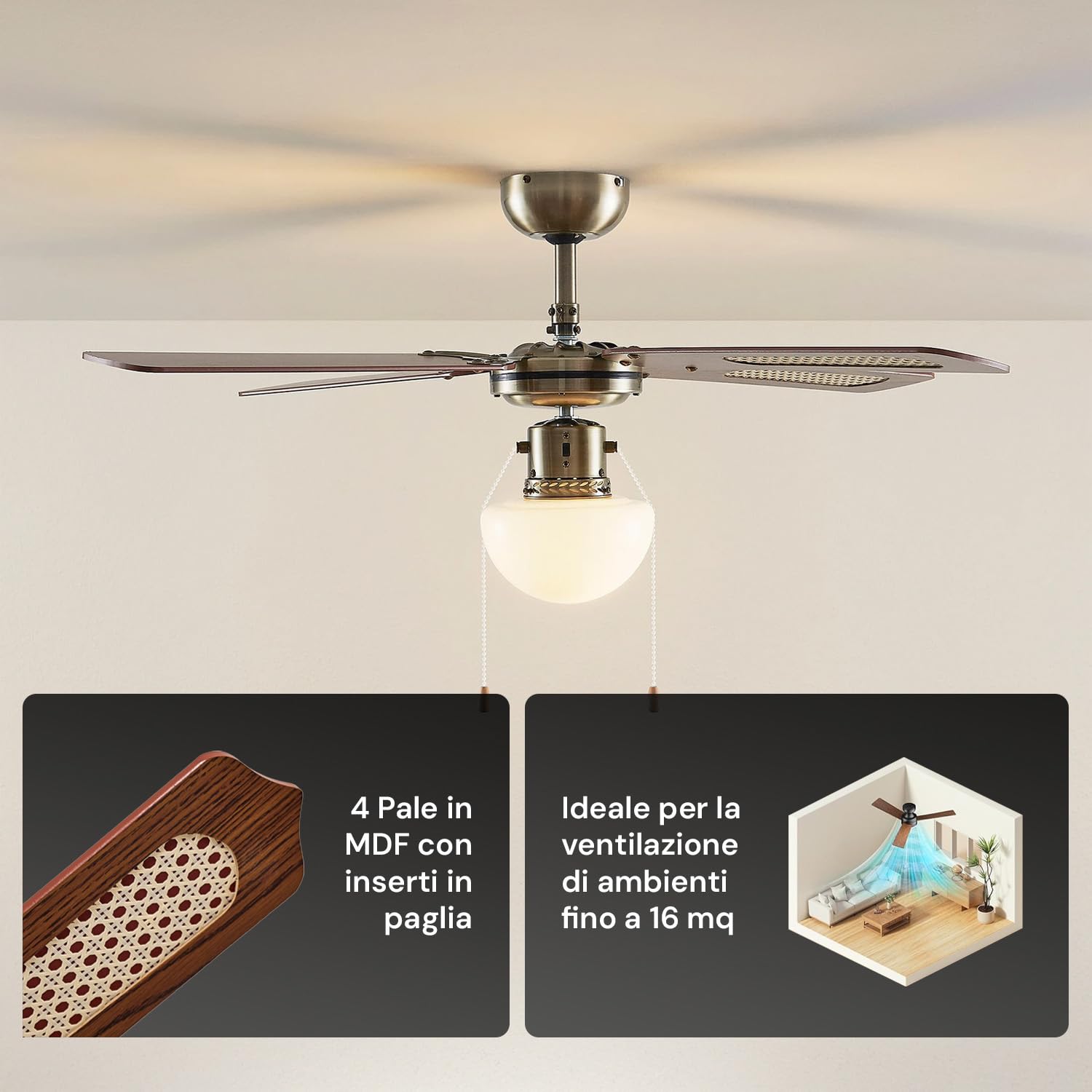 Wintem - Ventilatore da Soffitto 60W con Luce Ø106 cm con Pale in Legno per Ambienti Domestici e Lavorativi, Illuminazione Integrata da Lampada E27, Motore Silenzioso e Rotazione Reversibile