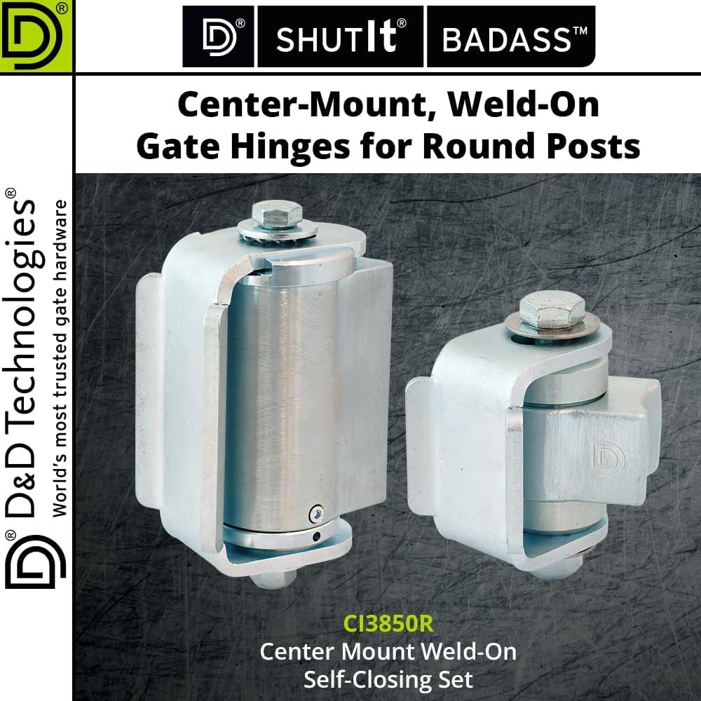 D&D Technologies CI3850R Shut It Center Mount Self-Closing Weld-On for Round Posts Heavy Duty Industrial Metal Gate Hinge Set (CI3825R + CI3000R), Weld onto the gate. (Sold as a Set)