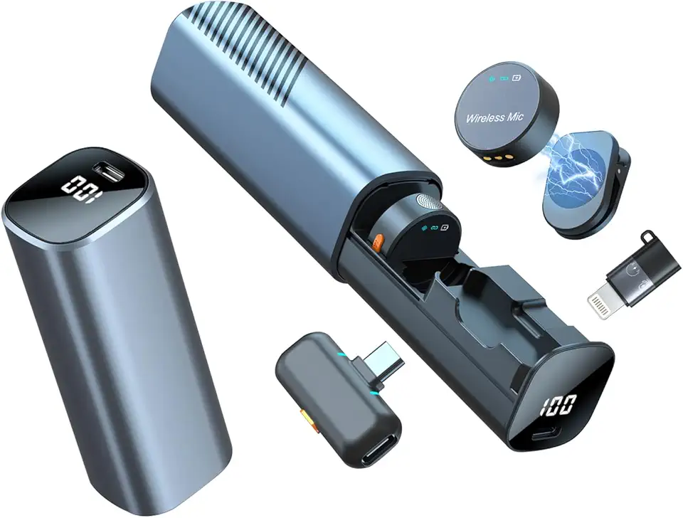 microfone de Lapela Sem Fio, Com Estojo Recarregável, Cancelamento de Ruído, 50m Alcance, 30h Bateria, Compatível com iPhone, Celular (Type-C/Lightning), para Gravação, Live e Reuniões(Preto)