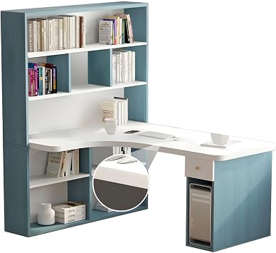 LAKIQ Modern L-Shaped Corner Desk with Bookshelf Engineered Wood Home Writing Desk with Hutch Rectangular Home Office Computer Desk with Storage ShelvesLight Blue, 47.2" L x 23.6" W x 63" H
