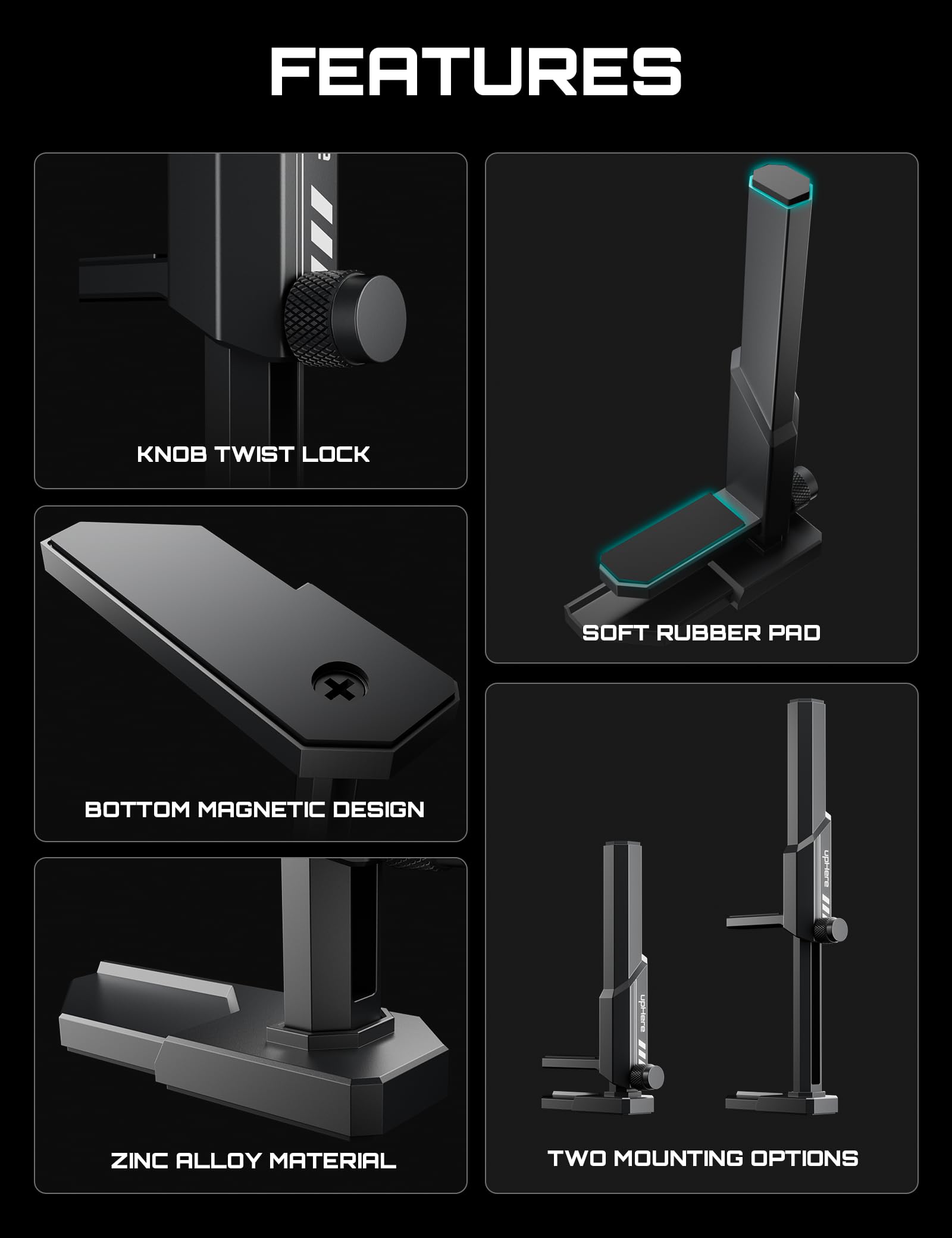 upHere GH07 GPU Support Bracket, Zinc Alloy Adjustable Height Graphics Card Support with Magnetic Base & Rubber Pad, GPU Sag Bracket for Universal Video Cards, 18-160mm, Black — view 2