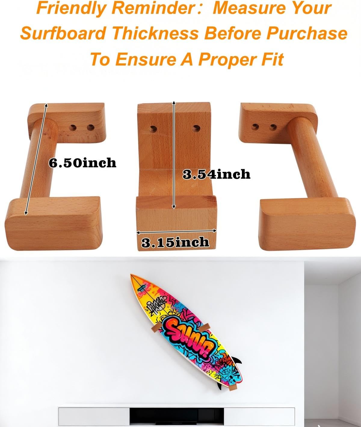 Surfboard Wall Mount–Surf Board Wall Hangers Solid Beech Wood Surfboard Wall Rack for Display & Storage, Adjustable surfboard rack with Bottom Support, surf board wall mounts, Holds up to 70 lbs