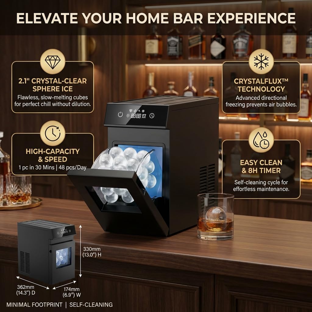 2.1" Clear Ice Ball Maker with Crystal Ice Technology, Minimal Footprint Sphere Ice Maker with 8H Timer, 1 pc in 30 Mins, 48 pcs/Day, Self-Cleaning for Home Bar Whiskey & Bourbon