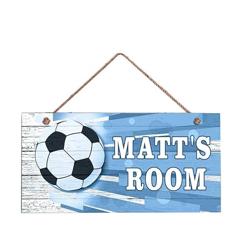 Letrero de fútbol de Woodsign para niños, azul deportivo, letrero personalizado, nombre de niño, letrero de puerta de niños, arte de guardería de