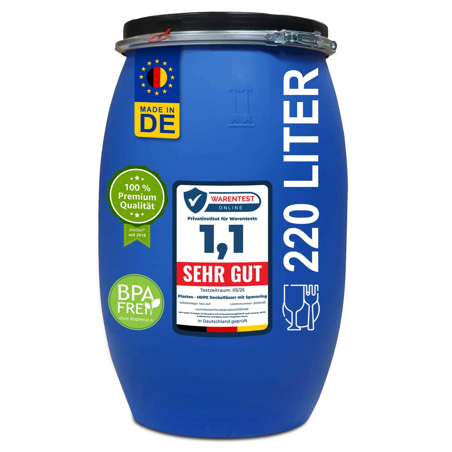 plasteo 220 Liter Regentonne Frostsicher Deckelfass Wasserfass Lagerfass Wetterfest Lebensmittelecht Industriequalität
