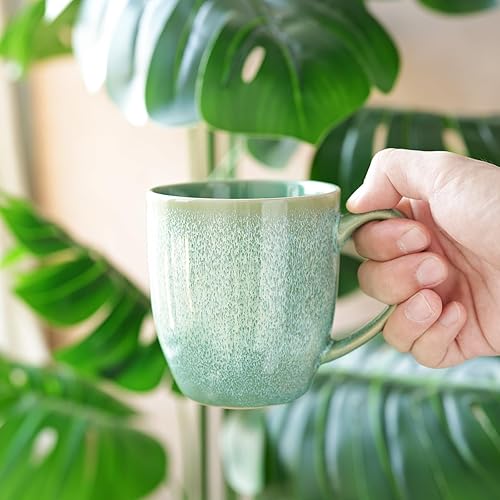 Miniatura 6 de Bosmarlin Juego de 4 tazas de café de cerámica, 17 onzas, tazas de café de gres verdes con mango grande, aptas para microondas, esmalte reactivo