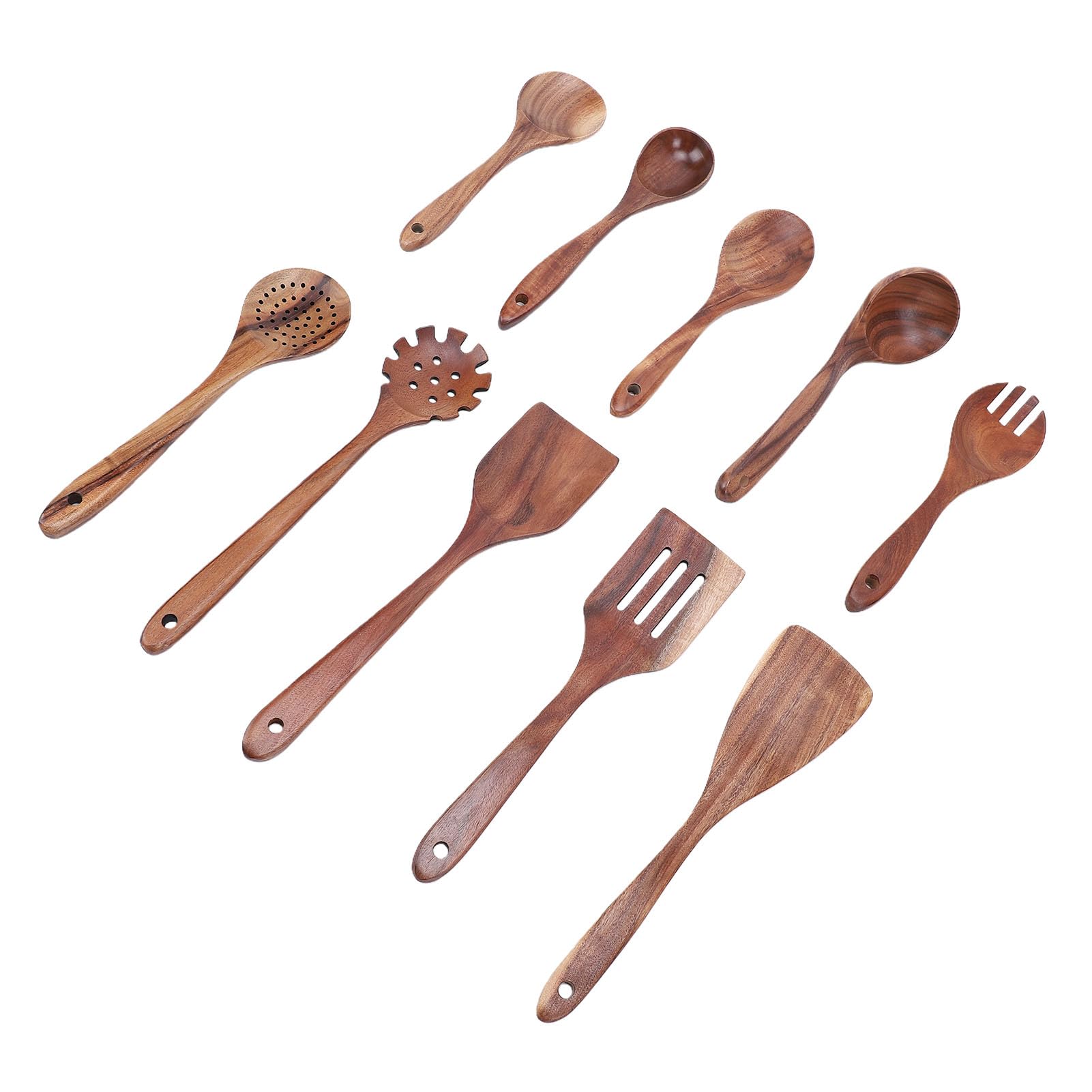 Fdit Juego de Utensilios de Madera de Teca para Cocinar, Espátulas, Cucharas y Utensilios de Cocina de Madera con Mangos Ergonómicos, Fácil de Limpiar para Uso Diario