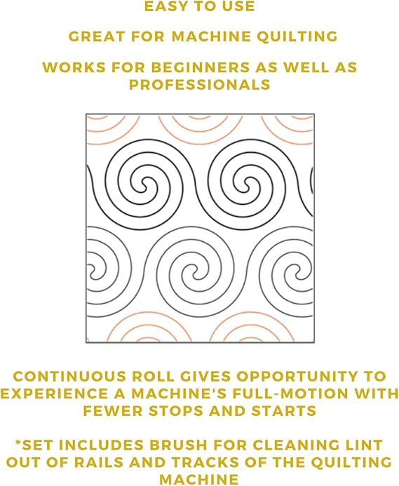 Quilting Pantographs Pattern Paper Roll - for Longarm Quilting Machines - Easy Wavy Spirals Design Quilt Pantograph - Set Includes Long Arm Quilters Sewing Machine Cleaning Brush for Rails and Tracks