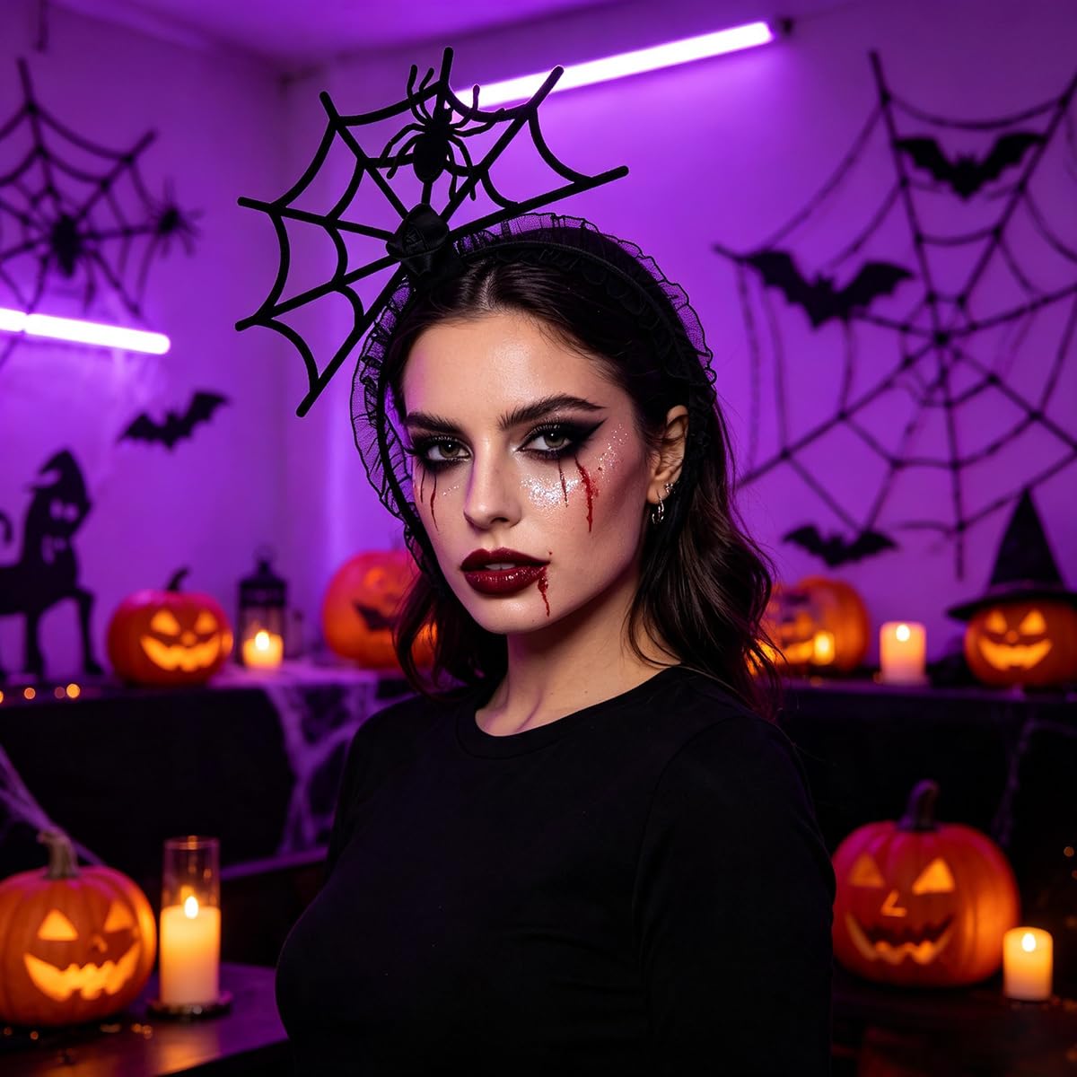 Halloween Spider Web Headband, Black Lace Hair Hoop with Spider and Black Rose Ornament, Gothic Witch Head Piece for Women Girls, Halloween Cosplay Masquerade Party Hair Accessories image 5