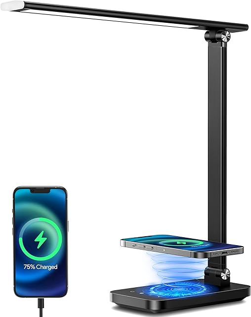 LED Desk Lamp with Fast Wireless Charger, Eye Caring Office Table Lamps with Night Light, Dimmable Daylight Lamp with USB Charging Port, 5 Brightness 4 Color Temperature, 1H Timer, Touch Control