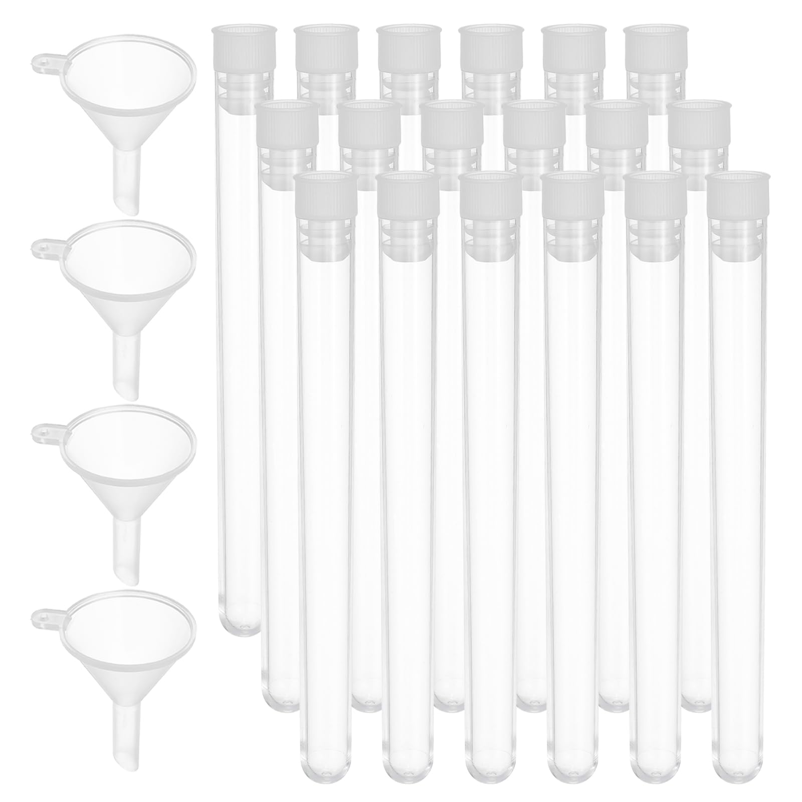 PATIKIL Set di provette, 100 pezzi, 150 x 15 mm, in plastica trasparente, con fondo rotondo, con tappo e imbuto, per perline, feste, caramelle, sale da bagno, per esperimenti scientifici, colore