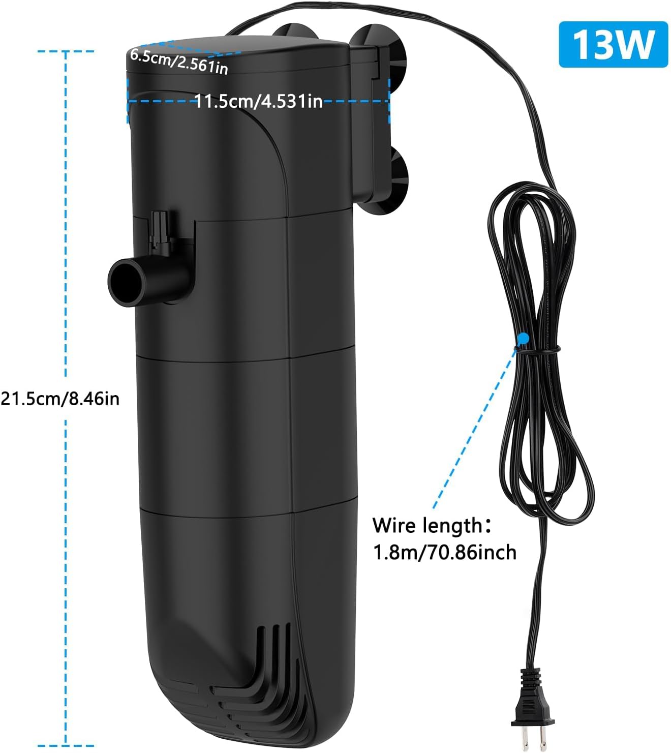 Dimensions of the Fishkeeper Aquarium Filter: 21.5cm (8.46in) height, 11.5cm (4.53in) width, 6.5cm (2.561in) depth, and 1.8m (70.86in) wire length.