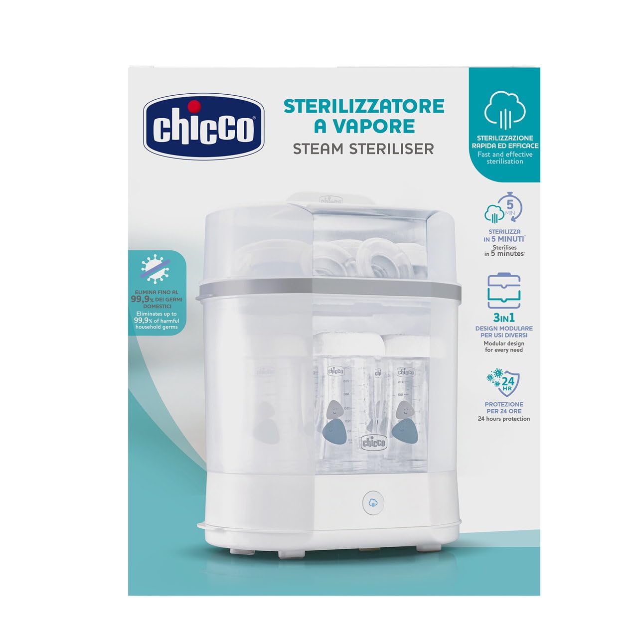 Chicco, Stérilisateur de Biberons, Stérilisateur Électrique, Tire-lait et Tétine, Avec 3 Configurations et Arrêt Automatique, Adapté au Micro-Ondes, pour Stériliser jusqu'à 6 Biberons de 330 ml, Blanc