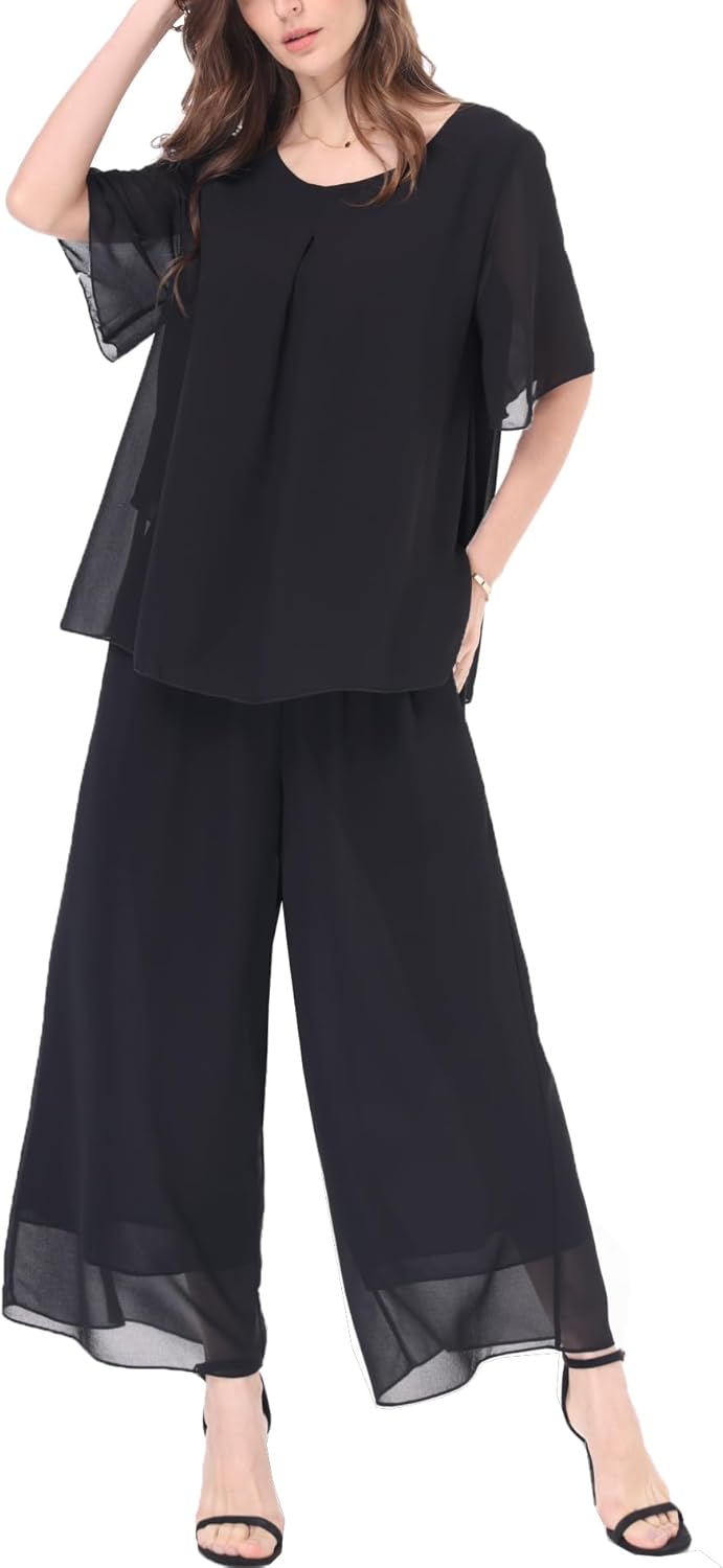 Women's Chiffon Summer 2 Piece Outfits Suit Blouse Top Capri Wide Leg Dress Casual Business Pants Sets